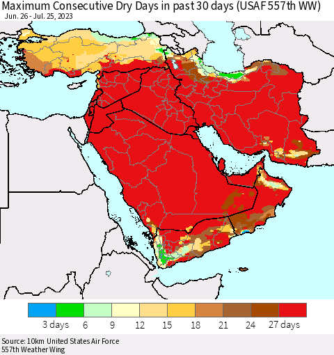 Middle East and Turkey Maximum Consecutive Dry Days in past 30 days (USAF 557th WW) 07/25/2023 Thematic Map For 7/21/2023 - 7/25/2023