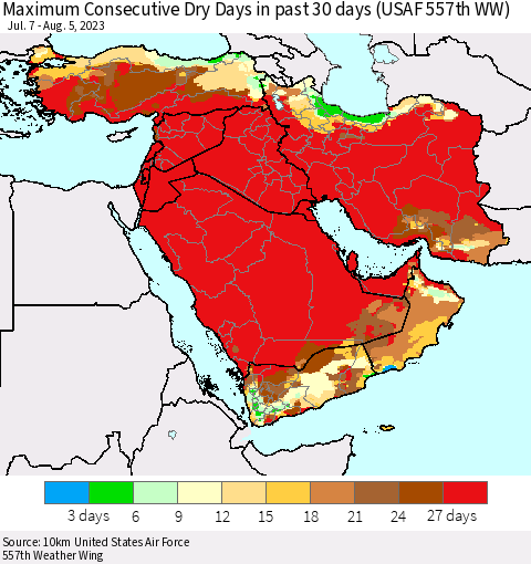 Middle East and Turkey Maximum Consecutive Dry Days in past 30 days (USAF 557th WW) 08/05/2023 Thematic Map For 8/1/2023 - 8/5/2023