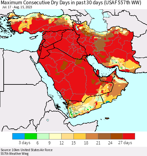 Middle East and Turkey Maximum Consecutive Dry Days in past 30 days (USAF 557th WW) 08/15/2023 Thematic Map For 8/11/2023 - 8/15/2023