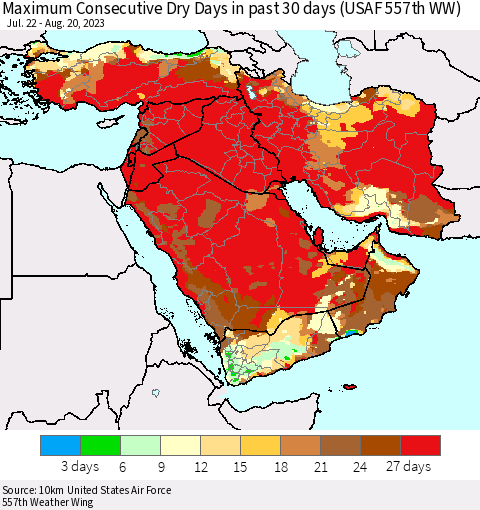 Middle East and Turkey Maximum Consecutive Dry Days in past 30 days (USAF 557th WW) 08/20/2023 Thematic Map For 8/16/2023 - 8/20/2023