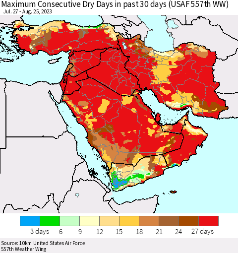Middle East and Turkey Maximum Consecutive Dry Days in past 30 days (USAF 557th WW) 08/25/2023 Thematic Map For 8/21/2023 - 8/25/2023