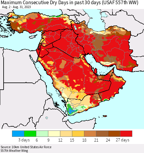 Middle East and Turkey Maximum Consecutive Dry Days in past 30 days (USAF 557th WW) 08/31/2023 Thematic Map For 8/26/2023 - 8/31/2023