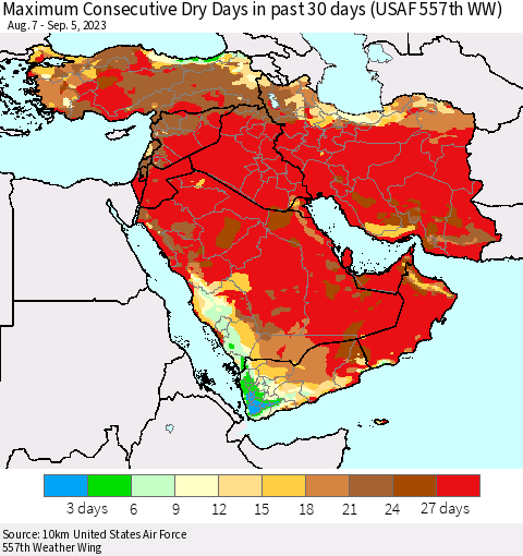 Middle East and Turkey Maximum Consecutive Dry Days in past 30 days (USAF 557th WW) 09/05/2023 Thematic Map For 9/1/2023 - 9/5/2023