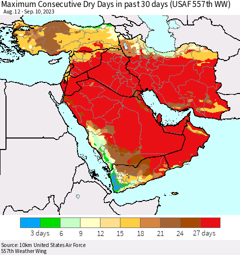 Middle East and Turkey Maximum Consecutive Dry Days in past 30 days (USAF 557th WW) 09/10/2023 Thematic Map For 9/6/2023 - 9/10/2023