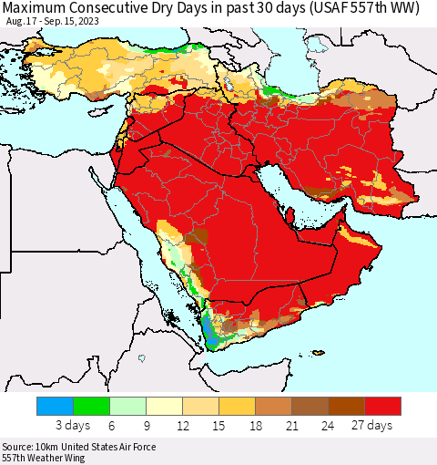 Middle East and Turkey Maximum Consecutive Dry Days in past 30 days (USAF 557th WW) 09/15/2023 Thematic Map For 9/11/2023 - 9/15/2023