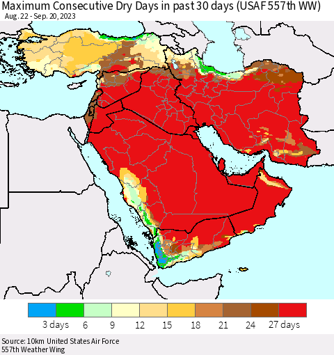 Middle East and Turkey Maximum Consecutive Dry Days in past 30 days (USAF 557th WW) 09/20/2023 Thematic Map For 9/16/2023 - 9/20/2023