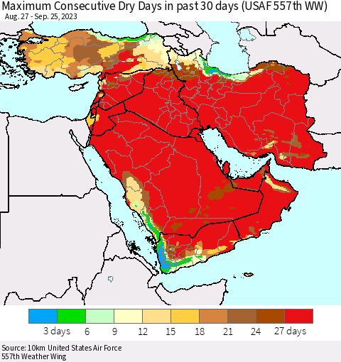 Middle East and Turkey Maximum Consecutive Dry Days in past 30 days (USAF 557th WW) 09/25/2023 Thematic Map For 9/21/2023 - 9/25/2023