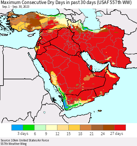 Middle East and Turkey Maximum Consecutive Dry Days in past 30 days (USAF 557th WW) 09/30/2023 Thematic Map For 9/26/2023 - 9/30/2023