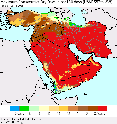 Middle East and Turkey Maximum Consecutive Dry Days in past 30 days (USAF 557th WW) 10/05/2023 Thematic Map For 10/1/2023 - 10/5/2023