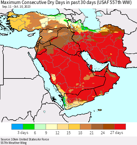 Middle East and Turkey Maximum Consecutive Dry Days in past 30 days (USAF 557th WW) 10/10/2023 Thematic Map For 10/6/2023 - 10/10/2023