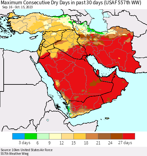 Middle East and Turkey Maximum Consecutive Dry Days in past 30 days (USAF 557th WW) 10/15/2023 Thematic Map For 10/11/2023 - 10/15/2023