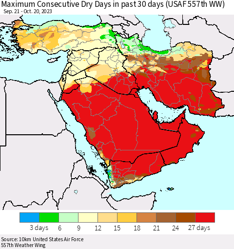 Middle East and Turkey Maximum Consecutive Dry Days in past 30 days (USAF 557th WW) 10/20/2023 Thematic Map For 10/16/2023 - 10/20/2023