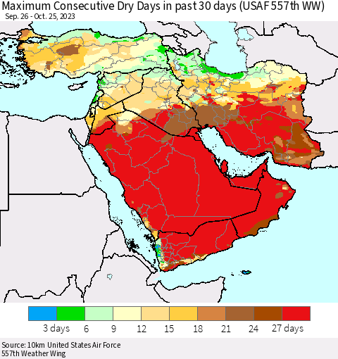 Middle East and Turkey Maximum Consecutive Dry Days in past 30 days (USAF 557th WW) 10/25/2023 Thematic Map For 10/21/2023 - 10/25/2023