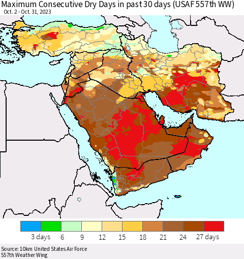 Middle East and Turkey Maximum Consecutive Dry Days in past 30 days (USAF 557th WW) 10/31/2023 Thematic Map For 10/26/2023 - 10/31/2023