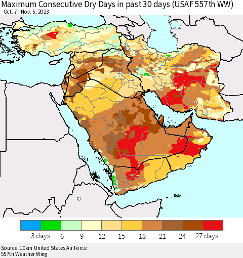 Middle East and Turkey Maximum Consecutive Dry Days in past 30 days (USAF 557th WW) 11/05/2023 Thematic Map For 11/1/2023 - 11/5/2023