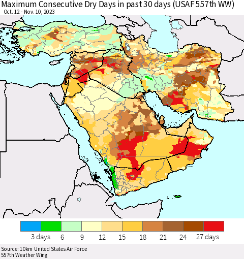 Middle East and Turkey Maximum Consecutive Dry Days in past 30 days (USAF 557th WW) 11/10/2023 Thematic Map For 11/6/2023 - 11/10/2023