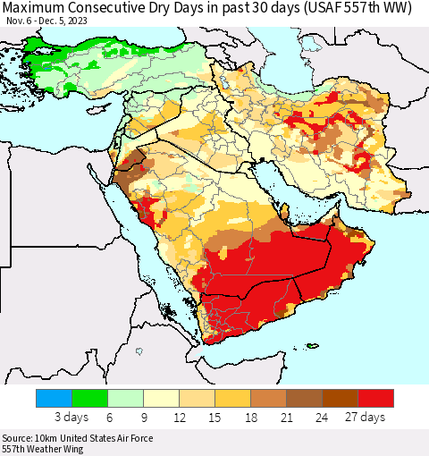 Middle East and Turkey Maximum Consecutive Dry Days in past 30 days (USAF 557th WW) 12/05/2023 Thematic Map For 12/1/2023 - 12/5/2023
