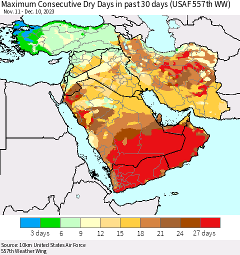 Middle East and Turkey Maximum Consecutive Dry Days in past 30 days (USAF 557th WW) 12/10/2023 Thematic Map For 12/6/2023 - 12/10/2023