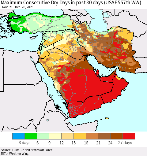 Middle East and Turkey Maximum Consecutive Dry Days in past 30 days (USAF 557th WW) 12/20/2023 Thematic Map For 12/16/2023 - 12/20/2023