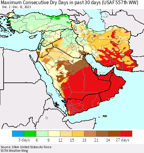 Middle East and Turkey Maximum Consecutive Dry Days in past 30 days (USAF 557th WW) 12/31/2023 Thematic Map For 12/26/2023 - 12/31/2023