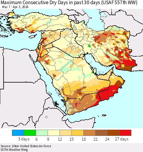 Middle East and Turkey Maximum Consecutive Dry Days in past 30 days (USAF 557th WW) 04/05/2024 Thematic Map For 4/1/2024 - 4/5/2024
