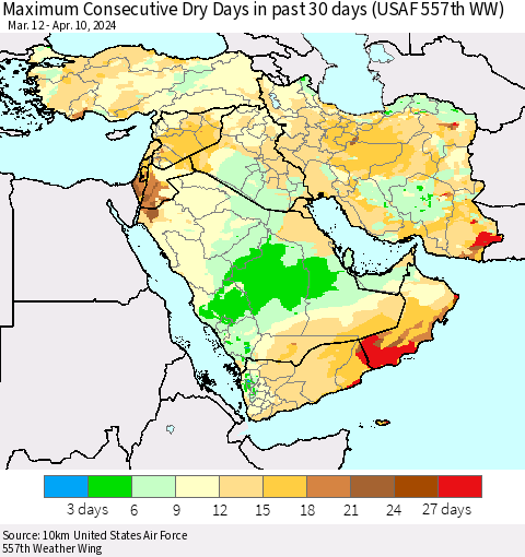 Middle East and Turkey Maximum Consecutive Dry Days in past 30 days (USAF 557th WW) 04/10/2024 Thematic Map For 4/6/2024 - 4/10/2024