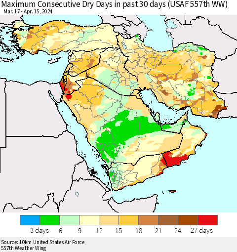 Middle East and Turkey Maximum Consecutive Dry Days in past 30 days (USAF 557th WW) 04/15/2024 Thematic Map For 4/11/2024 - 4/15/2024