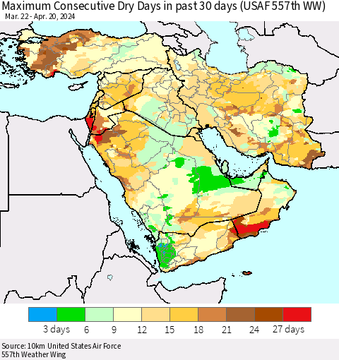 Middle East and Turkey Maximum Consecutive Dry Days in past 30 days (USAF 557th WW) 04/20/2024 Thematic Map For 4/16/2024 - 4/20/2024