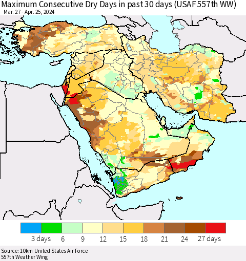 Middle East and Turkey Maximum Consecutive Dry Days in past 30 days (USAF 557th WW) 04/25/2024 Thematic Map For 4/21/2024 - 4/25/2024