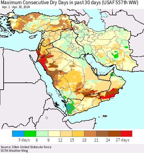 Middle East and Turkey Maximum Consecutive Dry Days in past 30 days (USAF 557th WW) 04/30/2024 Thematic Map For 4/26/2024 - 4/30/2024