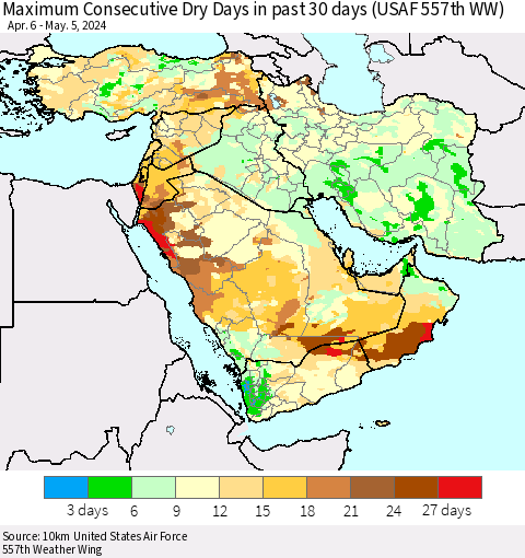 Middle East and Turkey Maximum Consecutive Dry Days in past 30 days (USAF 557th WW) 05/05/2024 Thematic Map For 5/1/2024 - 5/5/2024