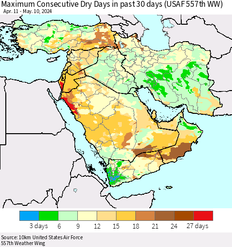 Middle East and Turkey Maximum Consecutive Dry Days in past 30 days (USAF 557th WW) 05/10/2024 Thematic Map For 5/6/2024 - 5/10/2024