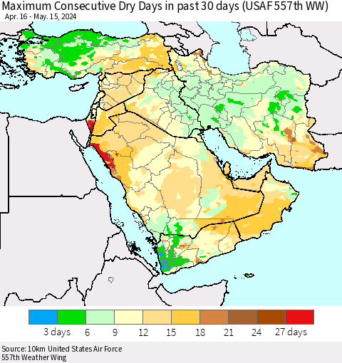 Middle East and Turkey Maximum Consecutive Dry Days in past 30 days (USAF 557th WW) 05/15/2024 Thematic Map For 5/11/2024 - 5/15/2024