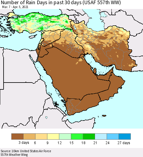 Middle East and Turkey Number of Rain Days in past 30 days (USAF 557th WW) 04/05/2021 Thematic Map For 4/1/2021 - 4/5/2021