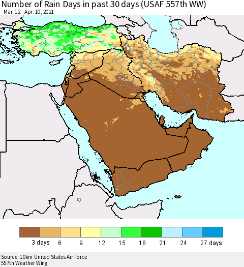 Middle East and Turkey Number of Rain Days in past 30 days (USAF 557th WW) 04/10/2021 Thematic Map For 4/6/2021 - 4/10/2021