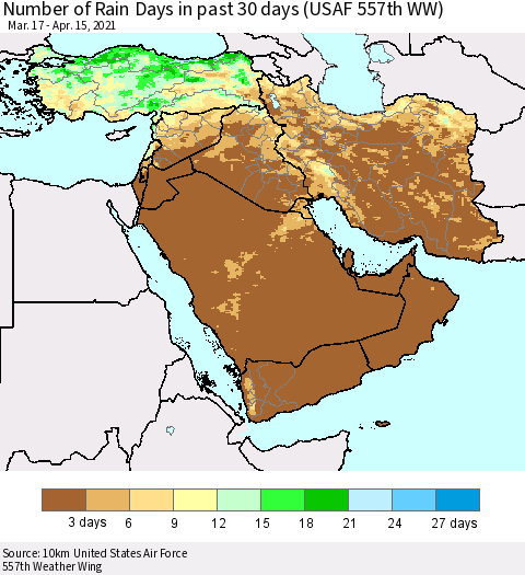 Middle East and Turkey Number of Rain Days in past 30 days (USAF 557th WW) 04/15/2021 Thematic Map For 4/11/2021 - 4/15/2021