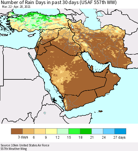 Middle East and Turkey Number of Rain Days in past 30 days (USAF 557th WW) 04/20/2021 Thematic Map For 4/16/2021 - 4/20/2021