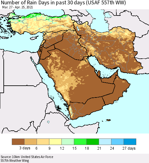 Middle East and Turkey Number of Rain Days in past 30 days (USAF 557th WW) 04/25/2021 Thematic Map For 4/21/2021 - 4/25/2021