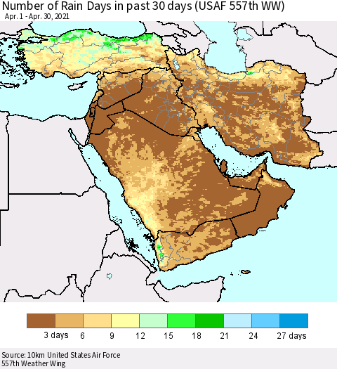 Middle East and Turkey Number of Rain Days in past 30 days (USAF 557th WW) 04/30/2021 Thematic Map For 4/26/2021 - 4/30/2021