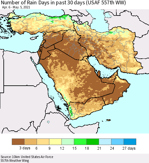 Middle East and Turkey Number of Rain Days in past 30 days (USAF 557th WW) 05/05/2021 Thematic Map For 5/1/2021 - 5/5/2021
