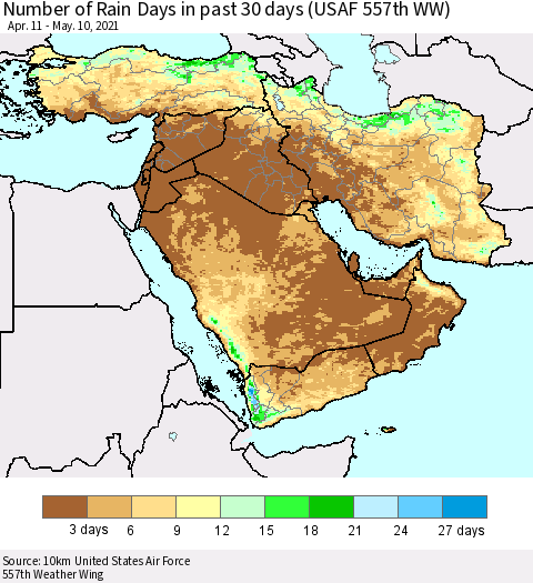 Middle East and Turkey Number of Rain Days in past 30 days (USAF 557th WW) 05/10/2021 Thematic Map For 5/6/2021 - 5/10/2021