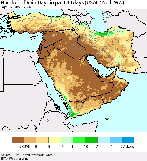 Middle East and Turkey Number of Rain Days in past 30 days (USAF 557th WW) 05/15/2021 Thematic Map For 5/11/2021 - 5/15/2021