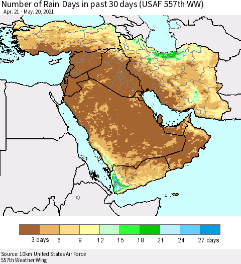 Middle East and Turkey Number of Rain Days in past 30 days (USAF 557th WW) 05/20/2021 Thematic Map For 5/16/2021 - 5/20/2021