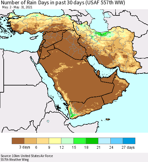 Middle East and Turkey Number of Rain Days in past 30 days (USAF 557th WW) 05/31/2021 Thematic Map For 5/26/2021 - 5/31/2021
