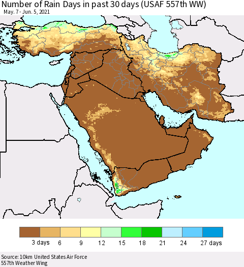Middle East and Turkey Number of Rain Days in past 30 days (USAF 557th WW) 06/05/2021 Thematic Map For 6/1/2021 - 6/5/2021