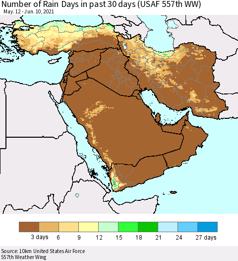 Middle East and Turkey Number of Rain Days in past 30 days (USAF 557th WW) 06/10/2021 Thematic Map For 6/6/2021 - 6/10/2021