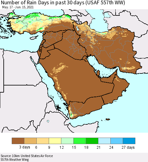 Middle East and Turkey Number of Rain Days in past 30 days (USAF 557th WW) 06/15/2021 Thematic Map For 6/11/2021 - 6/15/2021