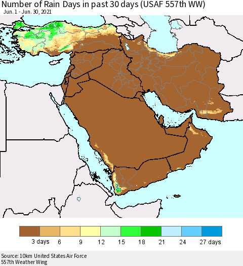 Middle East and Turkey Number of Rain Days in past 30 days (USAF 557th WW) 06/30/2021 Thematic Map For 6/26/2021 - 6/30/2021