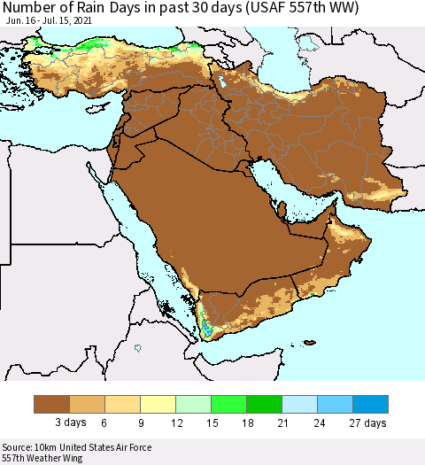 Middle East and Turkey Number of Rain Days in past 30 days (USAF 557th WW) 07/15/2021 Thematic Map For 7/11/2021 - 7/15/2021