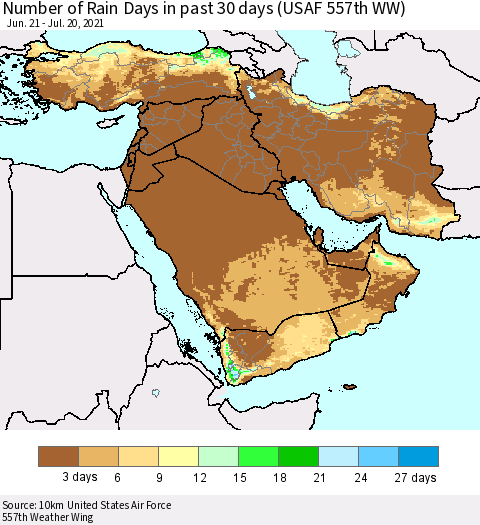 Middle East and Turkey Number of Rain Days in past 30 days (USAF 557th WW) 07/20/2021 Thematic Map For 7/16/2021 - 7/20/2021